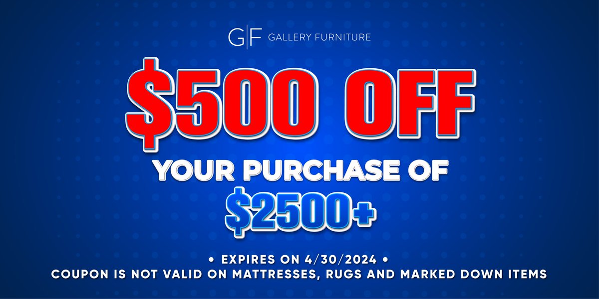 Ready to save big on furniture? Act now and claim $500 OFF your $2500+ purchase at GF! Don't miss out - grab your coupon now at galleryfurniture.biz/3PfR9cR! Plus, enjoy FREE same-day delivery! Offer ends Tuesday, April 30th at 10 PM CST. *Exclusions apply