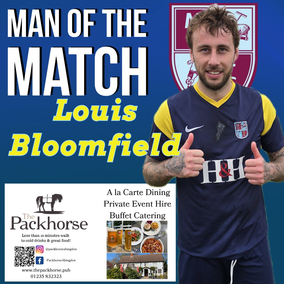Today's 𝙋𝙖𝙘𝙠𝙝𝙤𝙧𝙨𝙚 𝘼𝙗𝙞𝙣𝙜𝙙𝙤𝙣 Man of the match was @Bloommy95. A big thank you to The PACKHORSE ABINGDON for sponsoring the man of the match award throughout the season 🙌🏻 #UTM