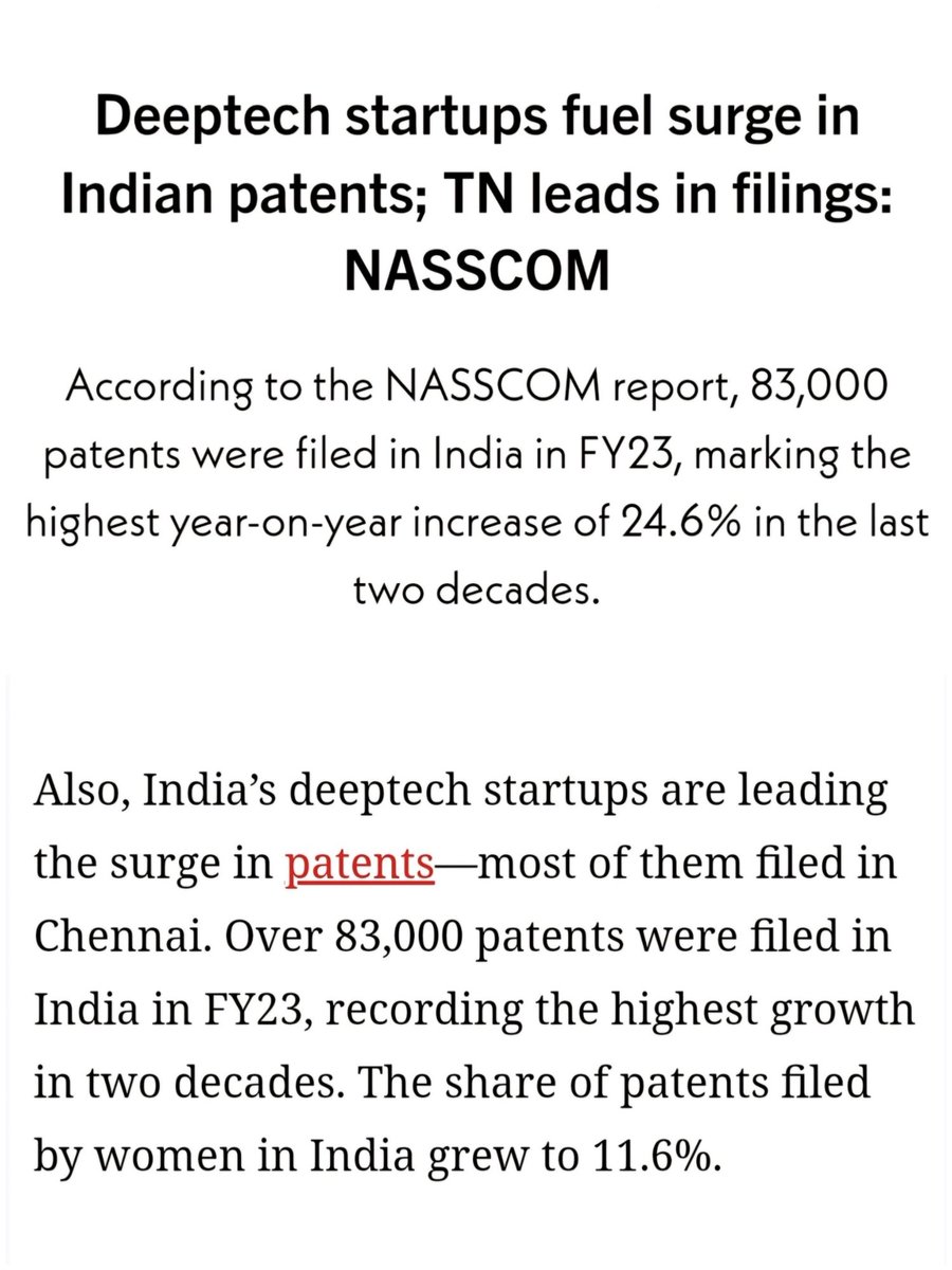 This is really appreciable .The deeptech startups of Tamilnadu r leading in patents(Nasscom).Interestingly the share of patents by women grew to 11.6% in India . Encouraging steps taken underleadership of @mkstalin sir s impeccable @CMOTamilnadu @ptrmadurai @TRBRajaa @aprsiva