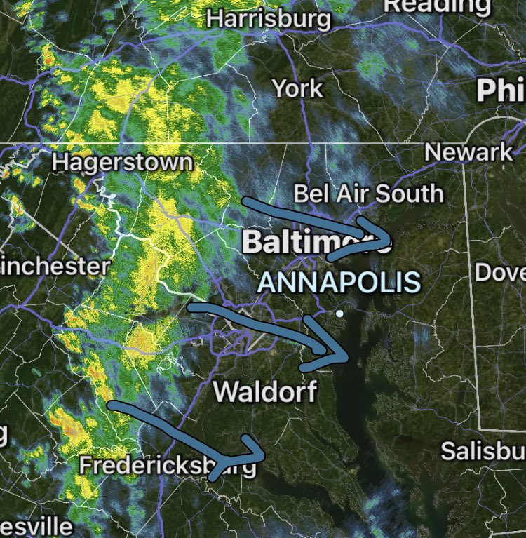 A line of showers will steadily progress SE through the DMV region from 12:45~3:30 or so.