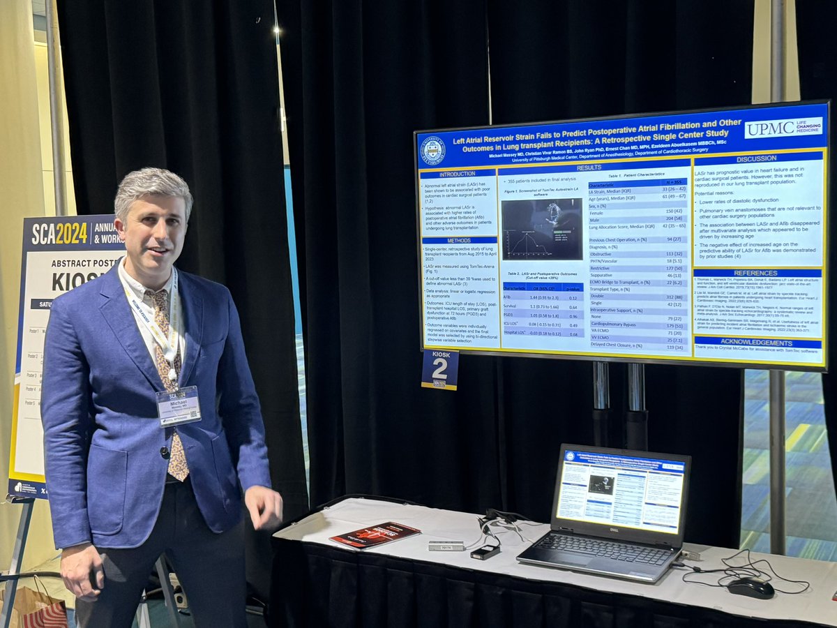 Fellow Michael Massey presenting research on left atrial strain and outcomes in lung transplant recipients @PittAnes #SCA2024 #AATS2024