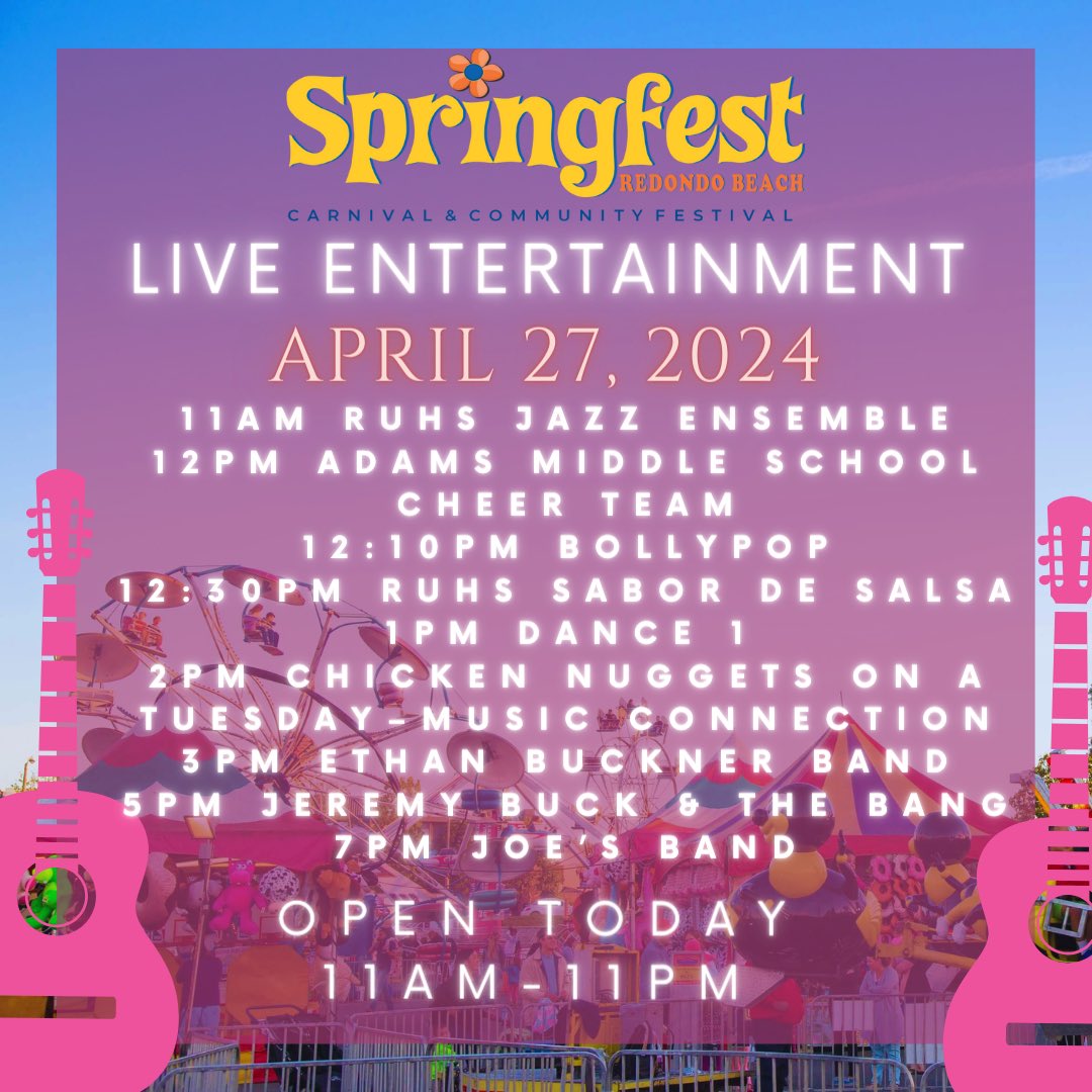 The 41st Annual Springfest Carnival &amp; Community Festival presented by the <a href="/NRedondoBeachBA/">NRBBA.org</a> continues today &amp; tomorrow! For full details, visit link in bio. Join us for a killer lineup of live entertainment starting at 11am &amp; continuing all evening! 🎟️ link in bio.