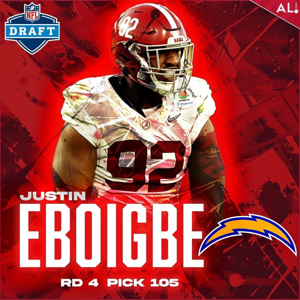 Congratulations to Justin Eboigbe…Drafted by the Los Angeles Chargers…Go out & show them what you’ve got !!!

#RollTideRoll
#BuiltByBama
#BuiltByBama
#LANK