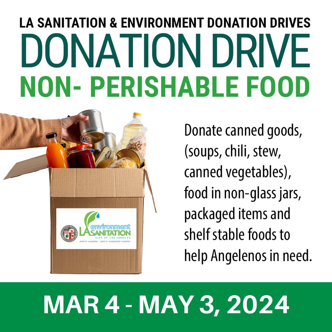 LASAN is hosting a #donationdrive to help #Angelenos in need, accepting non-perishable #food at 5 locations throughout #LA

lacitysan.org/donationdrives

#giveback #generosity #cannedgoods #love #makeadifference #support #donate #helpingothers #socialgood #charity #shelfstable