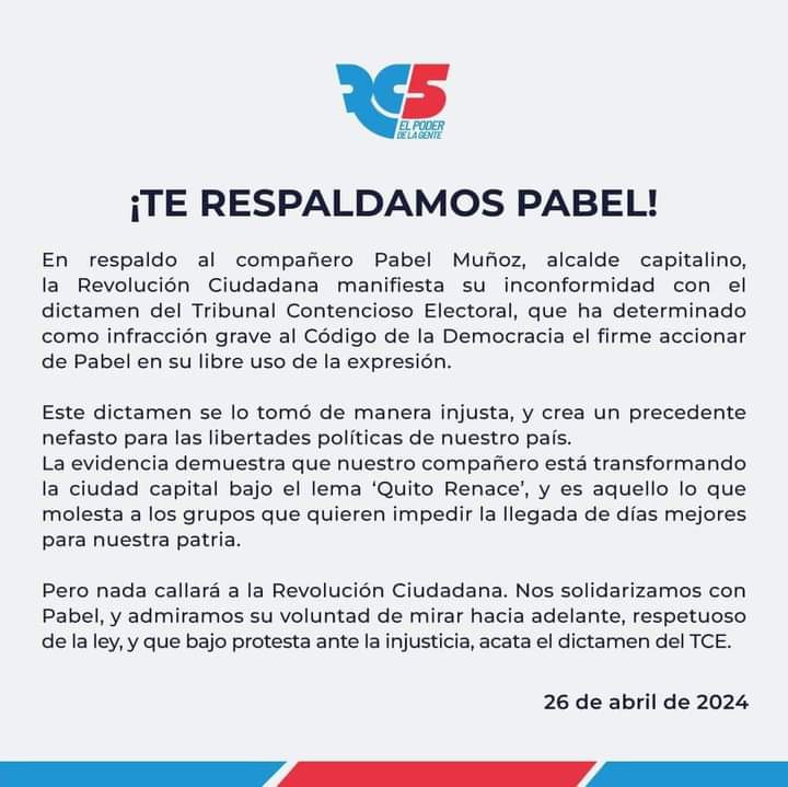 La Revolución Ciudadana se solidariza y respalda al alcalde de #Quito, <a href="/pabelml/">Pabel Muñoz L.</a>, toda nuestra admiración por su voluntad de mirar hacia adelante, respetuoso de la ley, y que bajo protesta ante la injusticia, acata el dictamen del TCE.
Facebook - facebook.com/share/p/R3x981…
