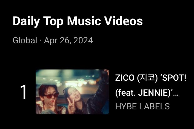 📝 240428 SPOT MV feat. #JENNIE debuts at #1 in Youtube Daily Top Music Videos - Global
