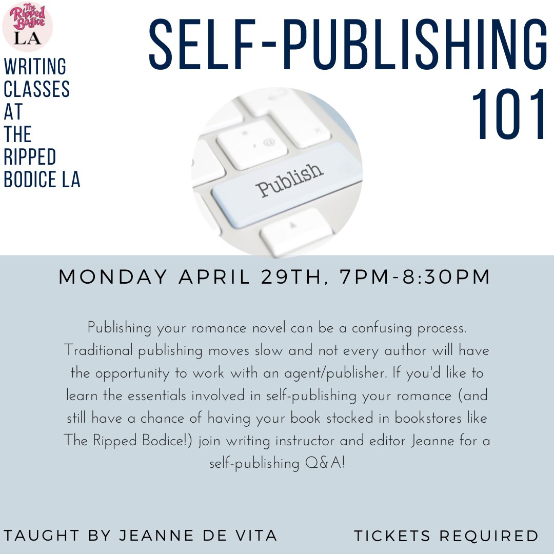 THIS MONDAY! Join Self-Publishing 101 at #TheRippedBodiceLA on April 29th at 7pm. 📚️

Led by instructor Jeanne De Vita @romance_writing, you’ll learn how to self-publish your romance (and still have a chance of having it on our shelves!).

🎟️Tickets: therippedbodicela.com/events-and-tic…