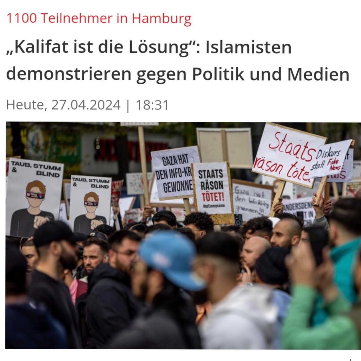 m.focus.de/panorama/welt/… Über 1000 Teilnehmer bei Islamisten-Demo in Hamburg. Allahu Akbar! Kalifat ist die Lösung? 🤡 Nein! #Remigration ist die Lösung. Punkt. #Migrationspolitik #Abschiebungen #Islam