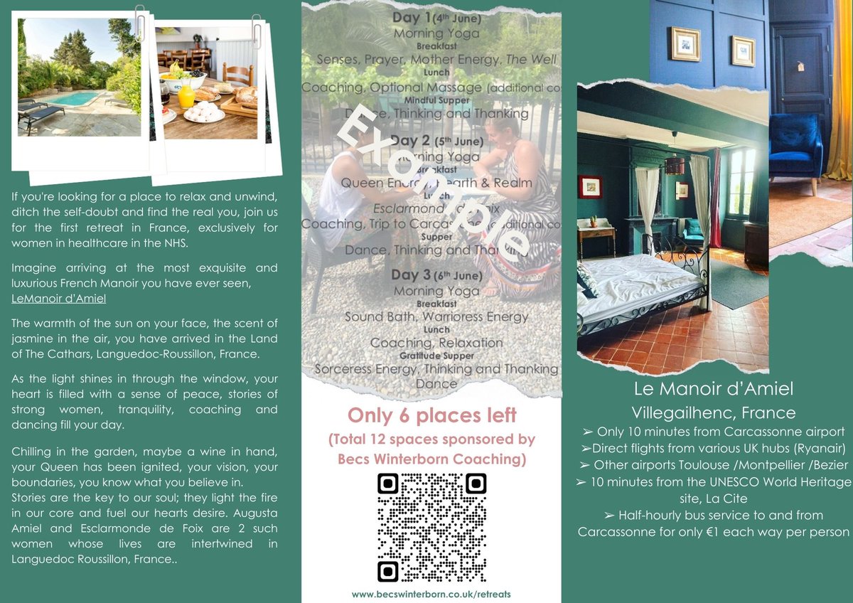 Calling healthcare professionals working in the NHS. I am offering 12 WOMEN the opportunity to join me as I host a retreat in Carcassonne, France 3-7th June 2024. Only 8 places left. My company is sponsoring the event so places are only £250 all inc. (exc. flights) DM me