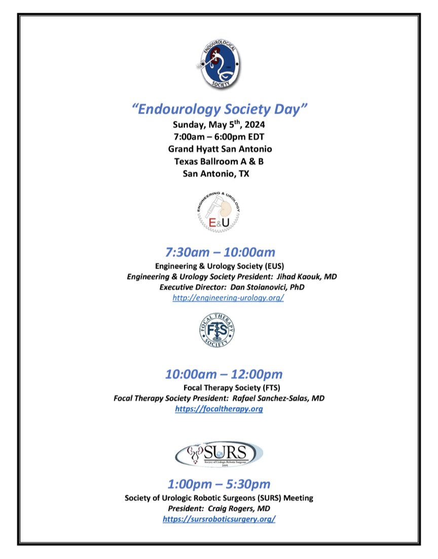Join us for Endourological Society Day at #AUA24! A full day of programming with the Engineering & Urology Society, @FocalSociety, and @SocietySURS Sunday, May 5 Grand Hyatt San Antonio