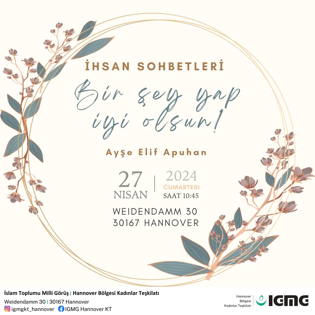 IGMG Hannover Bölgesi ve çevresinde bulunan işkadınlarımız ve akademisyenlerimize yönelik buluşlarımız #ihsansohbetleri
#igmgkatılım 
#ilim #gençakademisyen 
İletişim için #dm