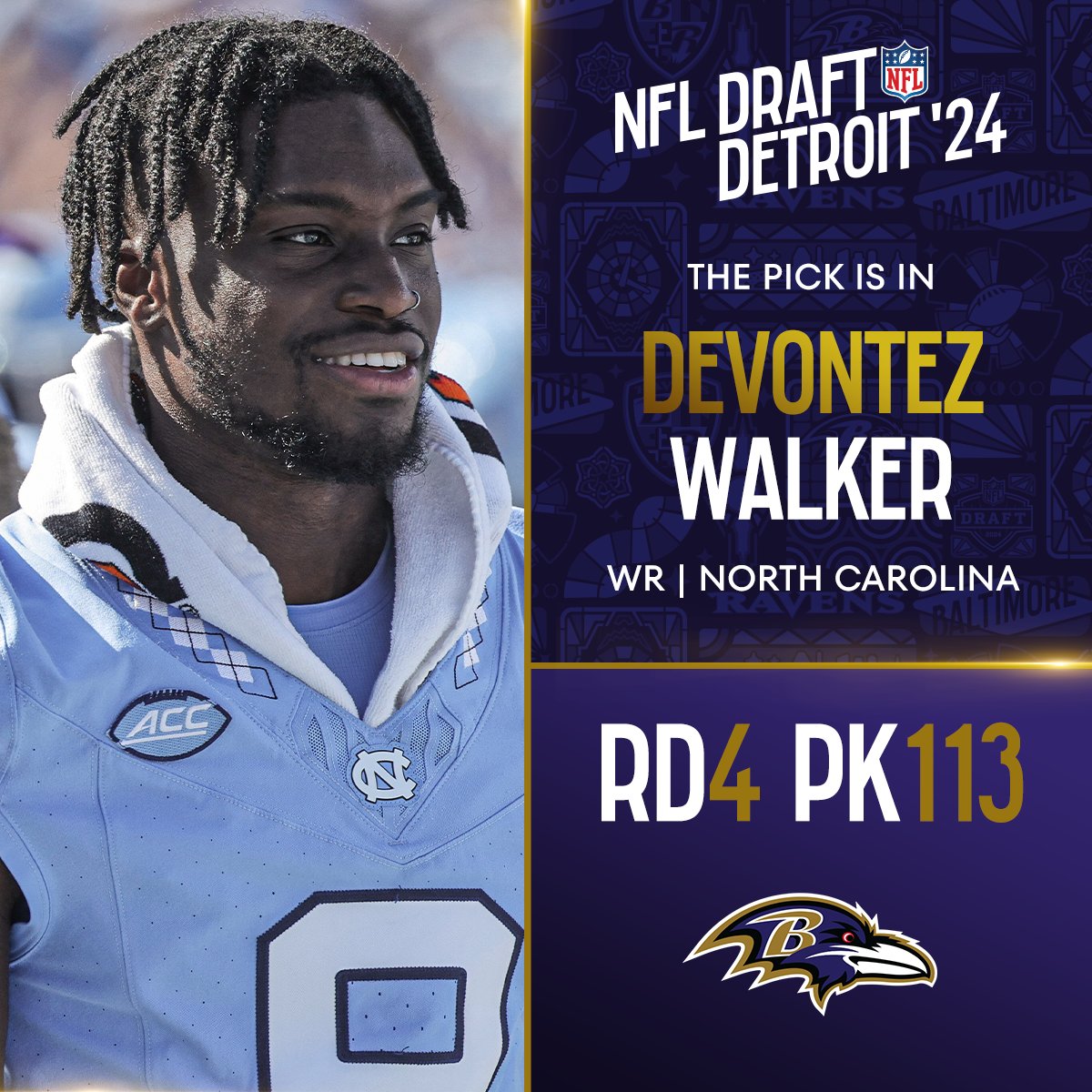 With the No. 113 overall pick in the 2024 @NFLDraft, the @Ravens select Devontez Walker! 📺: #NFLDraft on NFLN/ESPN/ABC 📱: Stream on #NFLPlus