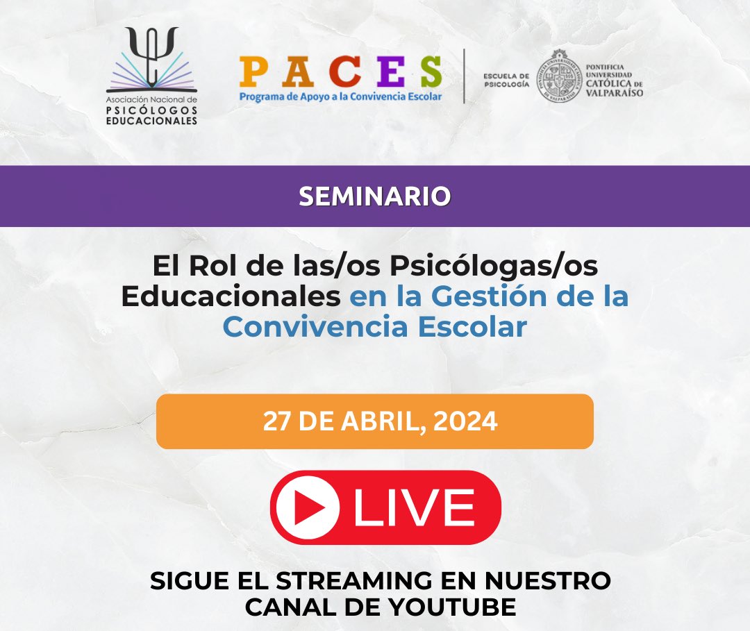 Ahora sigue la transmisión en Youtube del Seminario: “El Rol de las/os Psicólogas/os Educacionales en la Gestión de la Convivencia Escolar”

Organizado por <a href="/ANPsECh/">Asoc. Nacional de Psicólogos Educacionales Chile</a> y <a href="/pacespucv/">Programa de Apoyo a la Convivencia Escolar PUCV</a> 

Link: 
youtube.com/live/mGW7jJ4NM……

#paces #pucv <a href="/PUCV_Santiago/">PUCV Santiago</a> <a href="/pucv_cl/">PUCV</a>