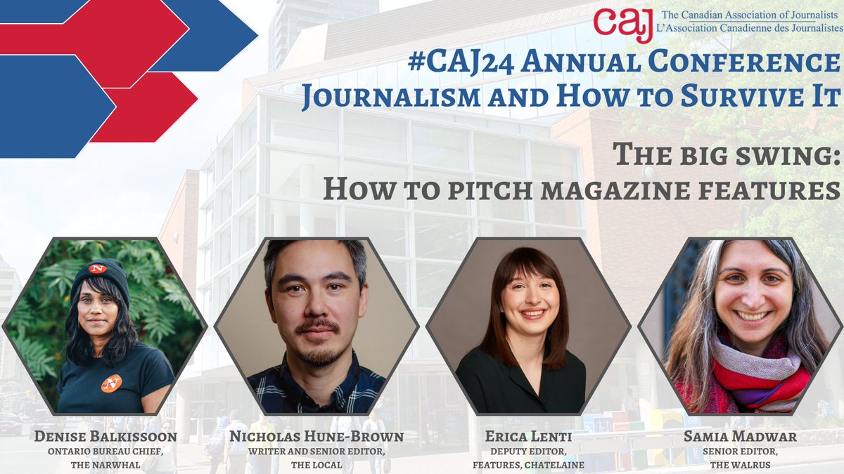 Interested in expanding your portfolio and toolkit? @ericalenti @nickhunebrown @balkissoon and Samia Madwar will be hosting a panel on pitching magazine features. Don't miss it at the #CAJ24 conference. Tickets at: caj.ca/caj24/