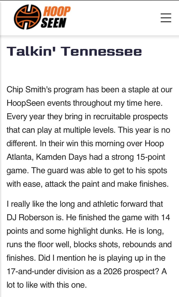 Special thanks to @TJBScouting for the nice write up on @TigersTennessee and 6’7 2025 @kamdendays2025 and 6’6 2026 @ArrowgangDj. Solid team win with 4 players in double figures. @hoopseen #GrassrootsShowcase