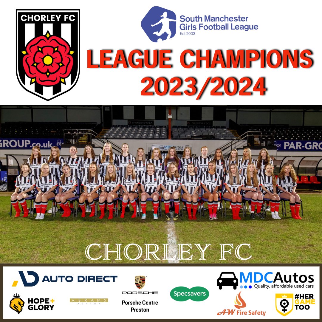 Well they only went and bloody did it 🥳 after a gruelling game vs Rochdale the girls came from behind twice to secure the victory and in turn be crowned league champions 2023/2024🏆🏆🏆
<a href="/chorleyfc/">Chorley FC</a> @Porsche_Preston <a href="/MDCAutosChorley/">MDC Autos</a> <a href="/HerGameToo/">Her Game Too</a> <a href="/hgsportswear/">HOPE + GLORY</a> 
#WeAreChorleyFc