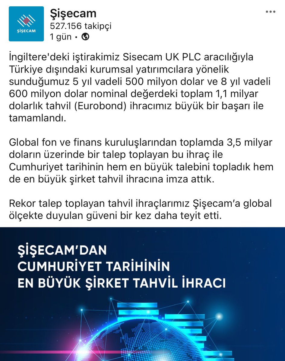 #SISE | Şişecam 

📍Şirketin 1,1 milyar dolarlık eurobond ihracına 3,5 milyar doların üzerinde talep gelmiş 👏👏

Darısı hisse performansına..