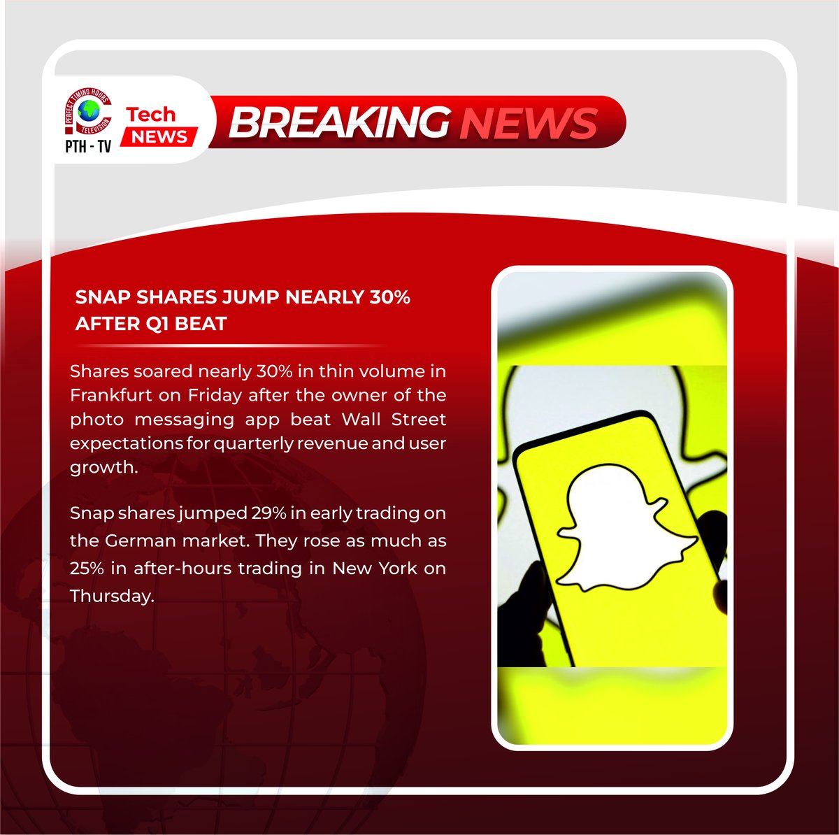 Snap shares jump nearly 30% after Q1 beat

Read here: reuters.com/technology/sna… 

#PerfectTimingTechnologies #PerfectTimingHolding #Snap #shares #stockmarket #earnings #Q1 #financialperformance #investment #techstocks #socialmedia #trading