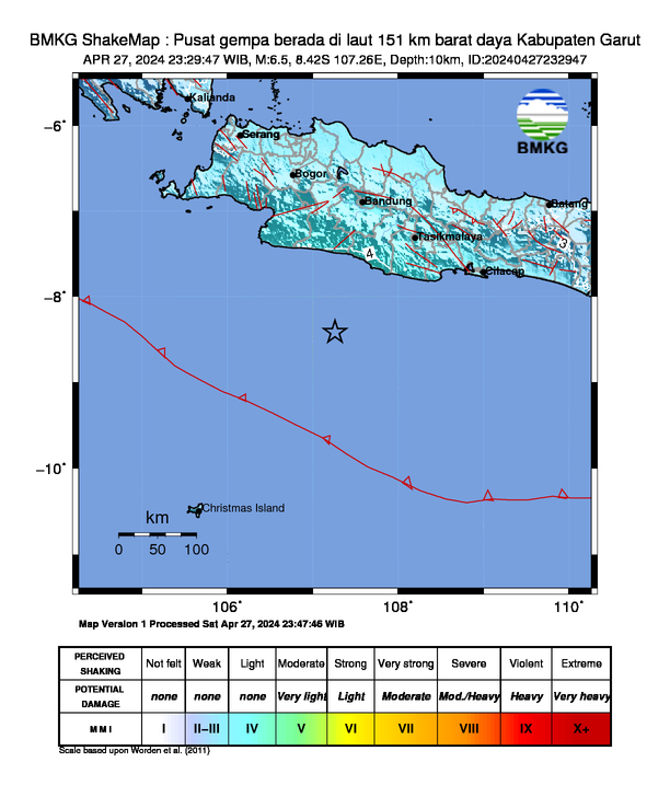 #Gempa (UPDATE) Mag:6.5, 27-Apr-24 23:29:47 WIB, Lok:8.42 LS, 107.26 BT (Pusat gempa berada di laut 151 km barat daya Kabupaten Garut), Kedlmn:10 Km Dirasakan (MMI) IV Sukabumi, III-IV Bandung, III Tangerang #BMKG