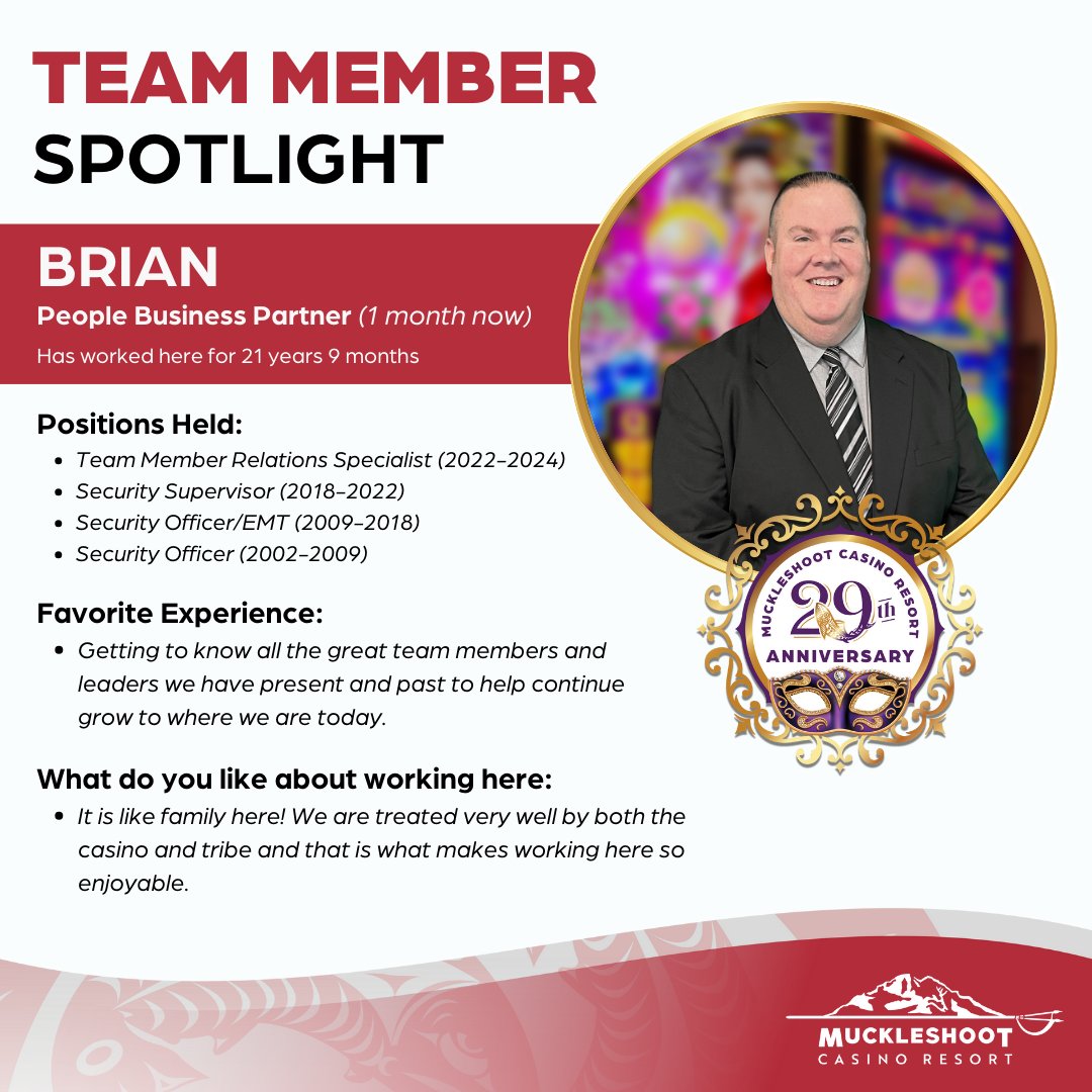 🍾Happy 29th Anniversary! Get to know our Team Members that have been here 20+ years! 

✨Brian, our People Business Partner, has been here 21 years, 9 months! Started in Security and now he's working with our Team Members! Go Brian! 👏🏽