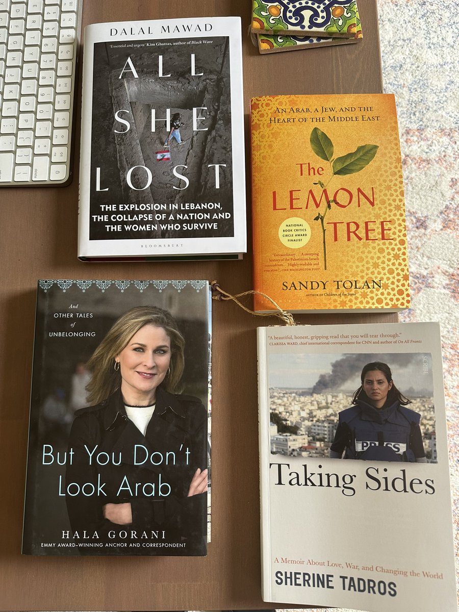 My next round of readings. I love being lost in the lines of women journalists and authors’ memoirs, narratives sharing their much needed wisdom with the rest of world, particularly covering conflicts.Quite excited to read the Lemon Tree as well. @dalalmawad @SherineT @HalaGorani