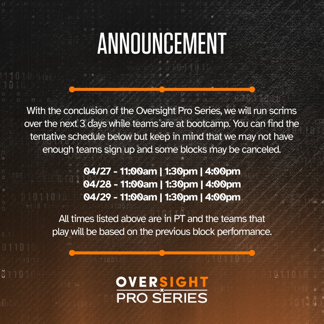 It's not over yet! The Oversight Pro Series might be complete, but we'll still be running scrims over the next 3 days for teams that are at bootcamp. #oversightproseries Since everything is being done on the fly, make sure you follow us here on Twitter to stay updated. Thanks!