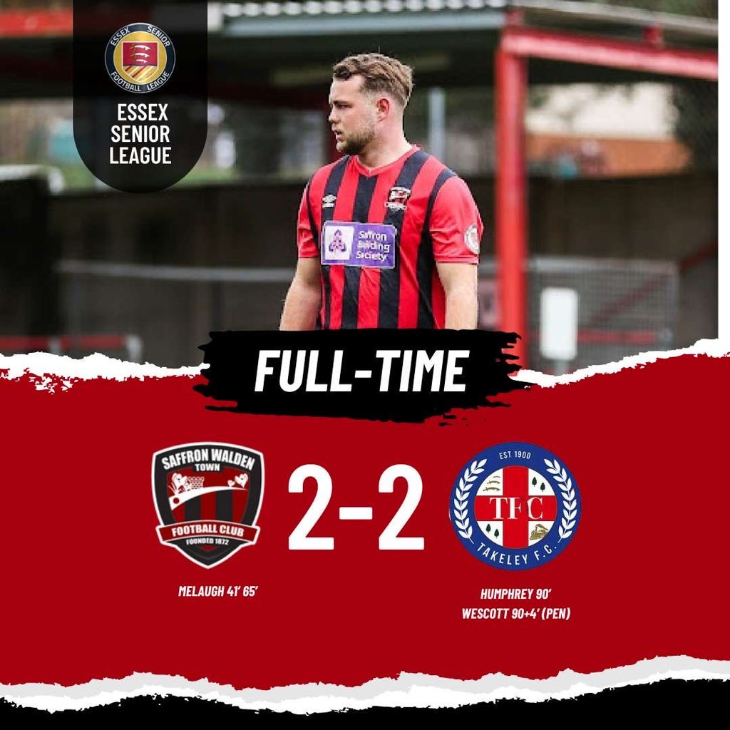 FT: Takeley 2-2 SWTFC

Curtain comes down on the ESL season with a point away to Takeley, should’ve been more with a competent ref…

Season isn’t over yet as we face Great Wakering in the Peter Butcher Cup quarter final next Saturday 4th May

#upthebloods