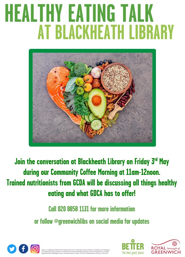 Join the conversation at #BlackheathLibrary on Friday 3rd May during our Community Coffee Morning at 11am-12noon.
Trained nutritionists from @GCDAUK will be discussing all things healthy eating and what GCDA has to offer! 🥑🫐🥦 #LoveYourLibrary