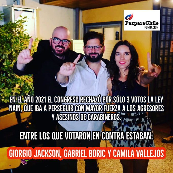 <a href="/camila_vallejo/">Camila Vallejo Dowling</a> <a href="/GabrielBoric/">Gabriel Boric Font</a> O sea, esta vez no le darán libertad a asesinos octubristas/terroristas, ni pensión⁉️
Quienes sembraron odio contra <a href="/Carabdechile/">Carabineros de Chile</a> y beneficiaron de radicalización del los #chilenos para tomarse el poder⁉️
#DevuelvanfacultadesCarabineros #HonorYGloriaCarabineros #ChileEstaDeLuto