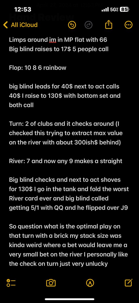 Purchaase's tweet photo. would love to hear opinions on this hand how did I play it? #pokerhand #wsop #cashgame #handreview https://t.co/HMJBrduFVD