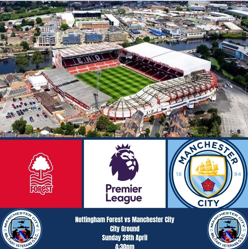 Next match: 

⚽️ @officialnffc 
🏟 City Ground 
🗓 Sunday 28th April 
⏰️ 4:30pm 
🏆@premierleague 

#mcfc #mancity #miltary #veterans #manchestercityfans #premierleague #mancityosc