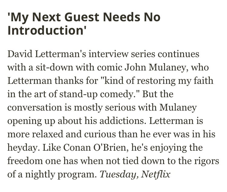 David Letterman’s My Next Guest with #johnmulaney Tuesday April 30th on Netflix