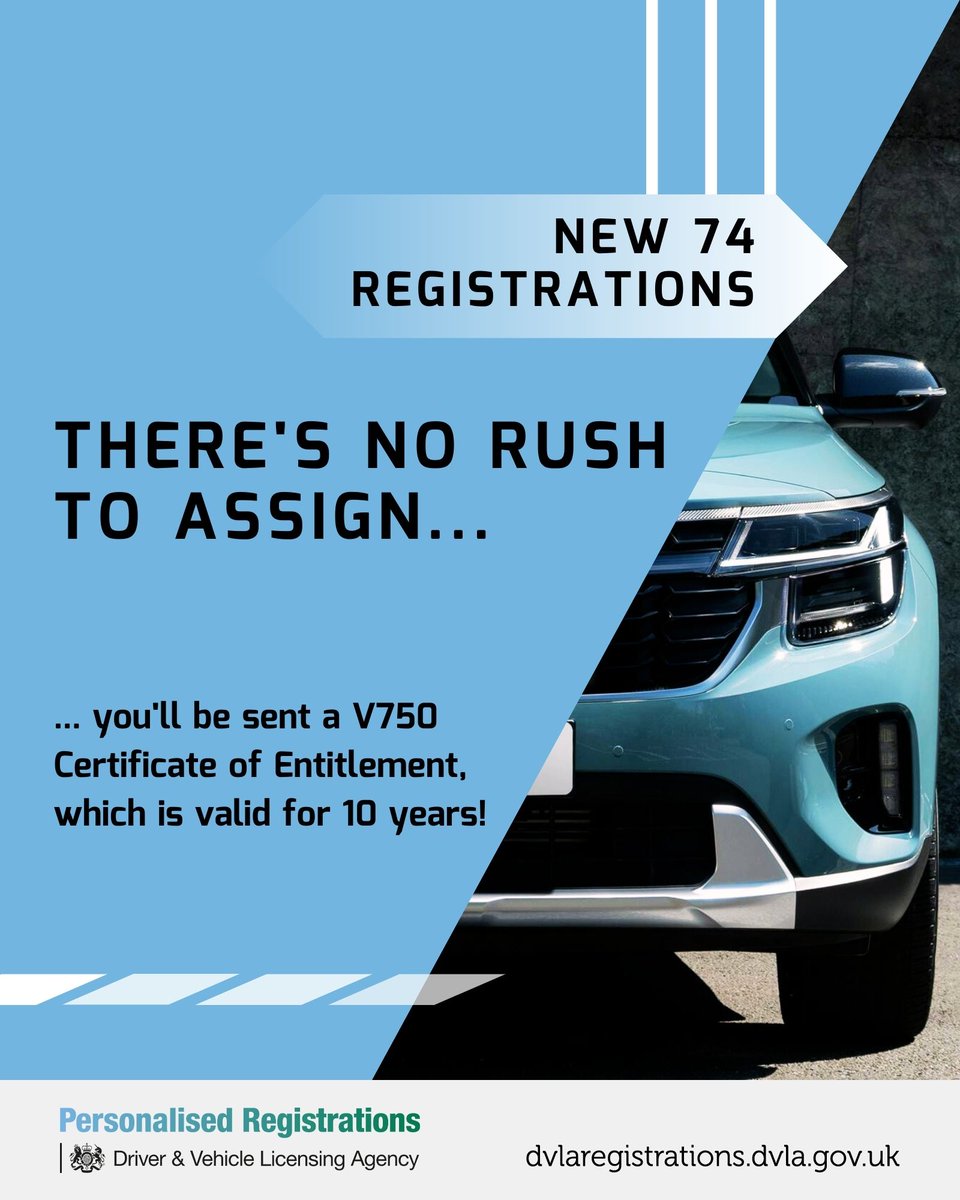 Not buying a brand new car? Your V750 is valid for 10 years and can be renewed so there is no rush to assign 😀

Find your perfect 74 series registration here:
👉 ow.ly/AQg350Rc9A3 
#MyDVLAReg #MakeItPersonal #DVLARegistrations