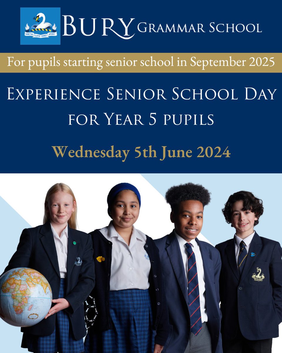 🏫 Experience Senior School Day for Year 5 pupils 🌟 Wednesday 5th June 2024 To book your place, please visit: burygrammar.com/admissions/ope… We look forward to seeing you there! 😊 #BuryGrammarSchool