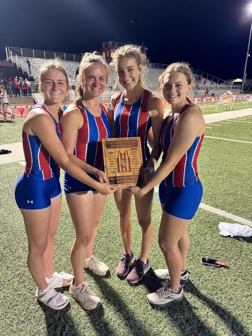 #1 in 3A: Amy Wright, Alex Bittner, Reagan Ayres, and Nikki Wright break the girls 4x100m Cheney Vernon Ferguson meet record with a time of 50.26 on Friday. Holding their #1 rank in 3A. #sportsinkansas