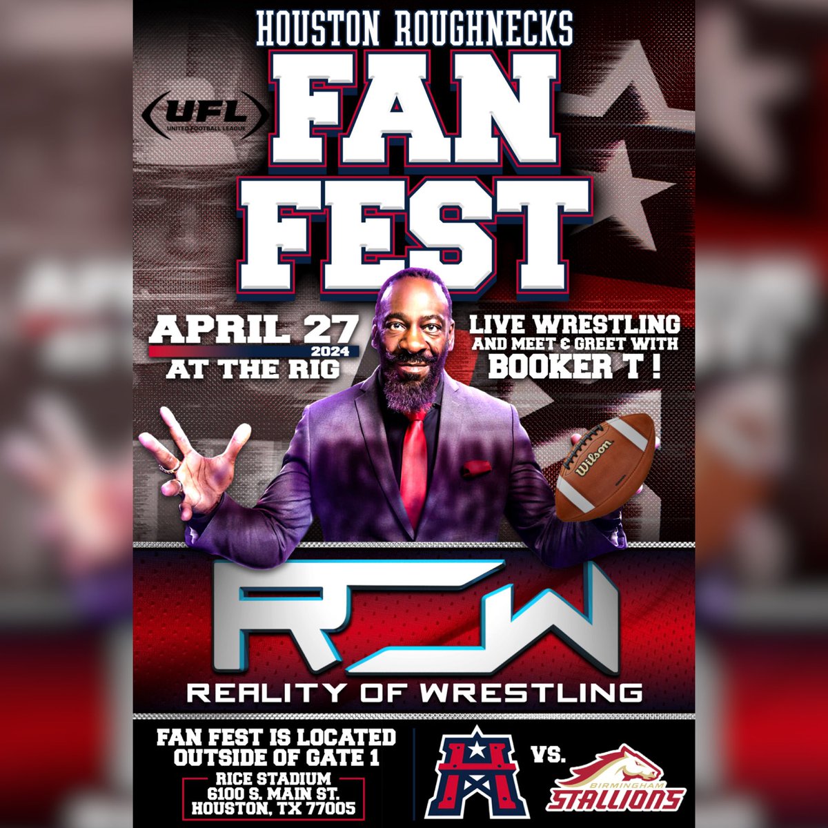 TheOfficialROW's tweet photo. ๐จ TODAY STARTING AT 4:00PM ๐จ
Reality of Wrestling & the @XFLRoughnecks of @TheUFL hosting a ROW Live event at #RiceStadium also known as โThe Rig,โ on Saturday, April 27โ at 4:00pm CT during the Fan Fest tailgate. Additionally, ROW founder and owner Booker T will host a special meet-and-greet with those in attendance prior to the show.
Come to the #FanFest for FREE and watch the stars of ROW in action before the game starting at 6:00pm
๐ซ GAME TICKETS ๐ซ
https://t.co/CIQuFW9uda 4