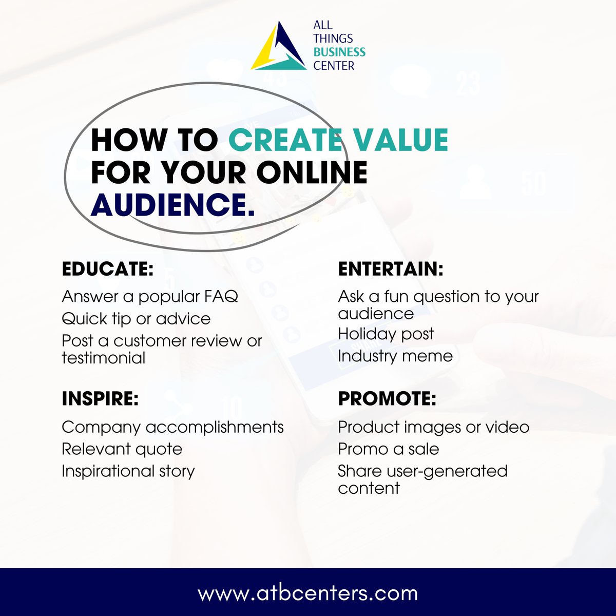 atbcenter's tweet photo. Learn to create lasting value for your audience and elevate your content strategy. 
From crafting compelling narratives to delivering meaningful solutions.
.
Contact us for more info! https://t.co/iXuaxKh54y
.
#audienceengagement #contentstrategy https://t.co/fc6Hmx6OIm