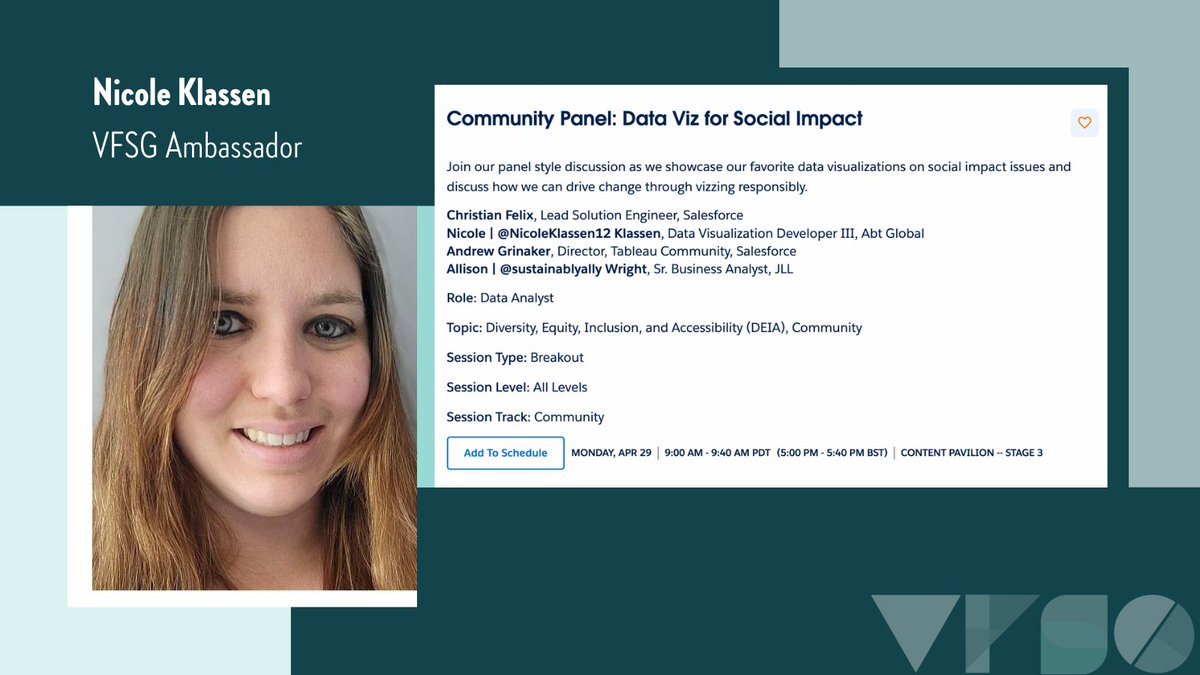 VizFSG's tweet image. Attending the @tableau Conference #TC24? Be sure to check out these sessions by the fabulous @NicoleKlassen12, @professorkao, @AdrianZinovei, and @DocKevinElder from the #VizForSocialGood team! 🌟 

More information ➡️: bit.ly/3Qlzu41.

#VFSG #Tableau #Data24 #DataFam