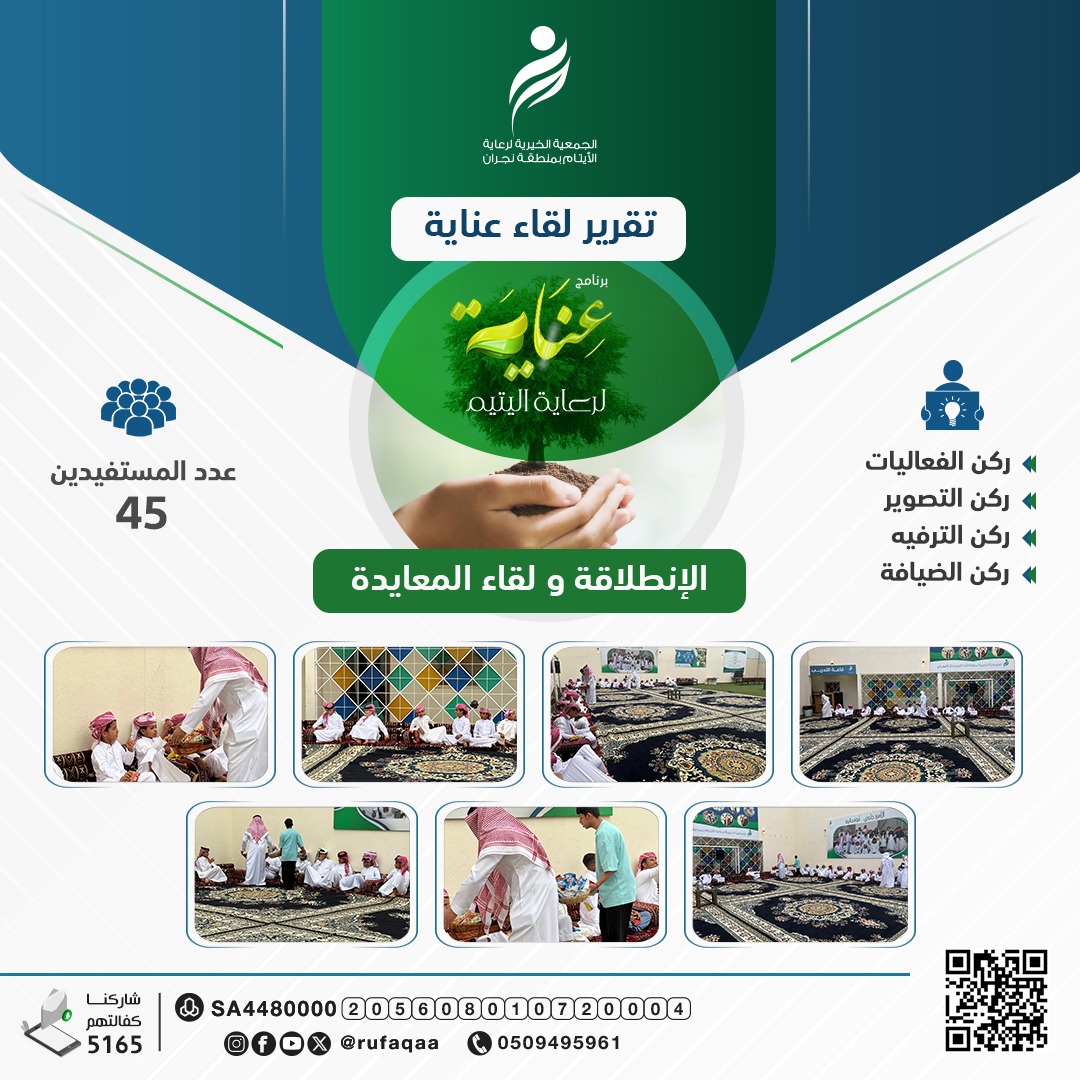 تقرير لقاء عناية #لرعاية_اليتيم عدد المستفيدين 45

#فعاليات_العيد_ #التصوير_ #ضيافة
#نجران_الآن