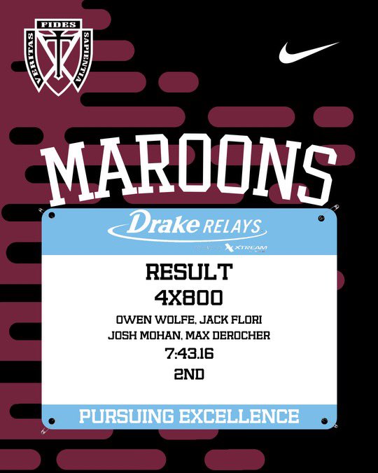 🚨 School Record Alert

4x800 team of Wolfe, Flori, Mohan, and DeRocher run a new school record of 7:43.16 to finish 🥈!

#PursuingExcellence