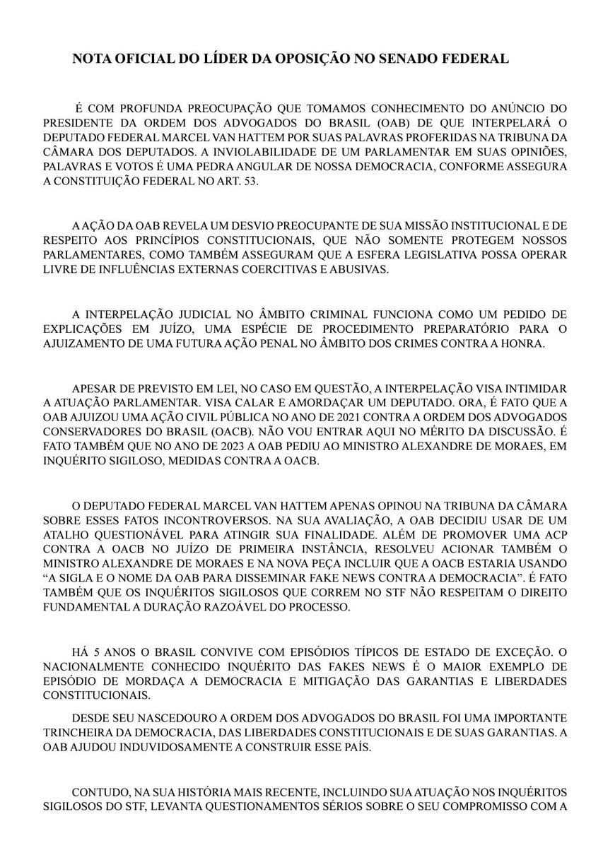 rogeriosmarinho's tweet photo. Emitimos a presente nota para expressar nosso firme apoio ao Deputado @marcelvanhattem e a todos os parlamentares, independentemente do viés ideológico, em defesa do direito de expressar opiniões, palavras e votos sem medo de retaliação ou censura. Repudiamos a participação e conivência da OAB nos abusos de autoridade e inconstitucionalidades perpetradas por inquéritos intermináveis.

Para a leitura da nota em melhor qualidade, acesse o link: https://t.co/yqB2Yek9oQ