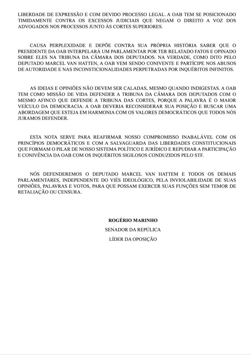 rogeriosmarinho's tweet photo. Emitimos a presente nota para expressar nosso firme apoio ao Deputado @marcelvanhattem e a todos os parlamentares, independentemente do viés ideológico, em defesa do direito de expressar opiniões, palavras e votos sem medo de retaliação ou censura. Repudiamos a participação e conivência da OAB nos abusos de autoridade e inconstitucionalidades perpetradas por inquéritos intermináveis.

Para a leitura da nota em melhor qualidade, acesse o link: https://t.co/yqB2Yek9oQ