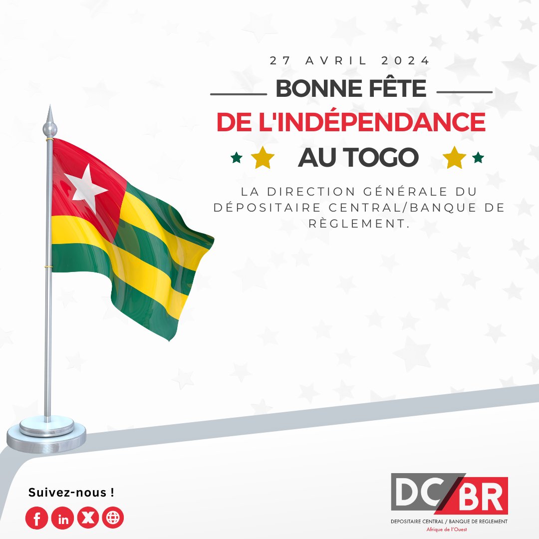 A l'occasion de la fête de l'indépendance du Togo, la Direction Générale du Dépositaire Central/Banque de Règlement souhaite une joyeuse célébration à tous les Togolais.
Que cette journée soit remplie de fierté, de joie et de solidarité.

#FêteNationale #Togo #Indépendance