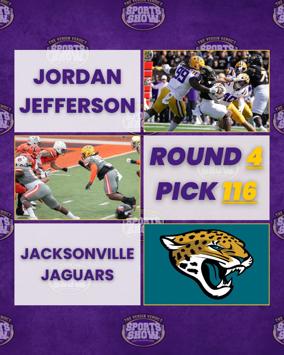 Jordan Jefferson goes to the #Jaguars in Round 4 of the #NFLDraft, Congrats Jordan! Jefferson joins Brian Thomas Jr. AND Maason Smith in Jacksonville, #Tigers ➡️ #Jaguars (#LSU, #NFL)