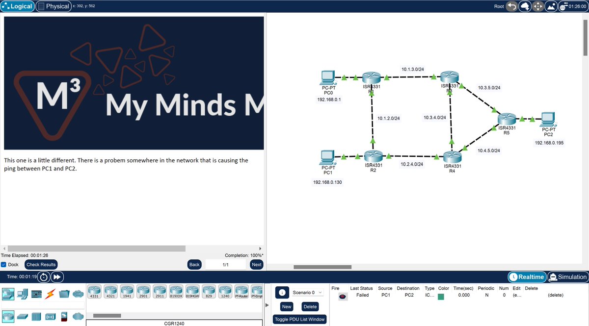 mymindsmadness's tweet photo. #DailyCCNAQuestion #IPConnectivity
Investigating routing issues can be a challenge when they start to scale up. You need to get the connection test to work in order to complete this weeks challenge.
Download Here: https://t.co/rlr5kn1sTw
#CCNA #Cisco #Networking https://t.co/NhwSW7bdQs