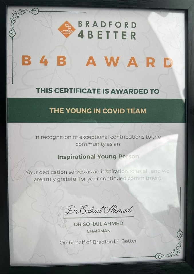 Thank you to @bradford4better for inviting us to their Kings Award for Voluntary Service Award presentation. It was lovely to see @LordLtWY again and to our surprise be given an award for our Young in Covid work by B4B. You are all amazing role models for us #StrongerTogether