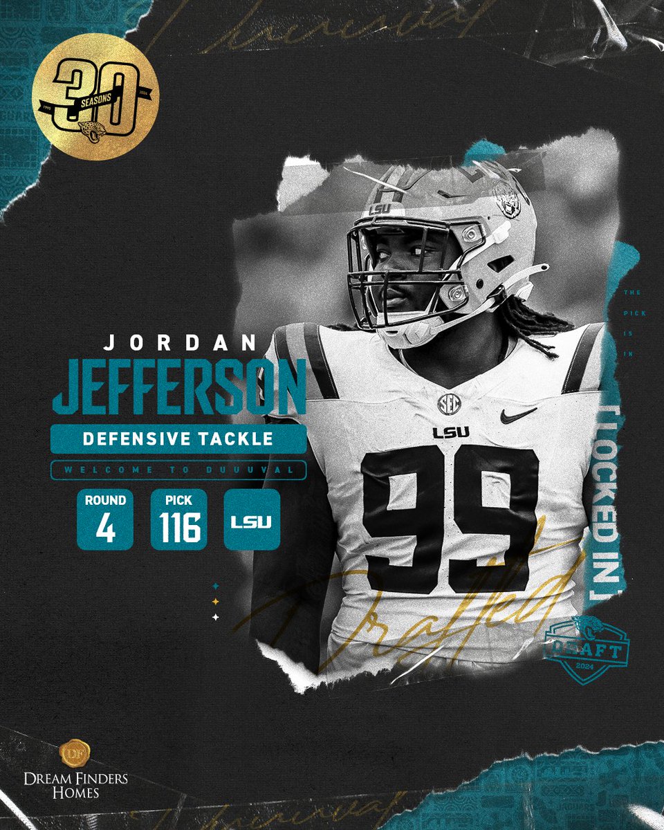 Whole lotta big cats! 🐯 We have selected LSU DT Jordan Jefferson with the 116th overall pick! @Dream_Finders | #DUUUVAL