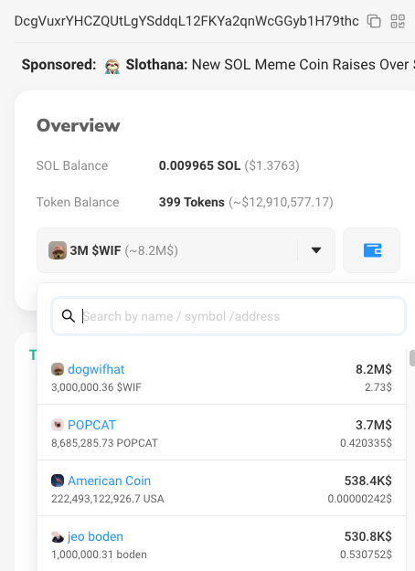 This #Solana Shitcoin whale holds $8.2m $WIF $3.7m $POPCAT $538k $USA $530k $BODEN 👀 solscan.io/account/DcgVux…