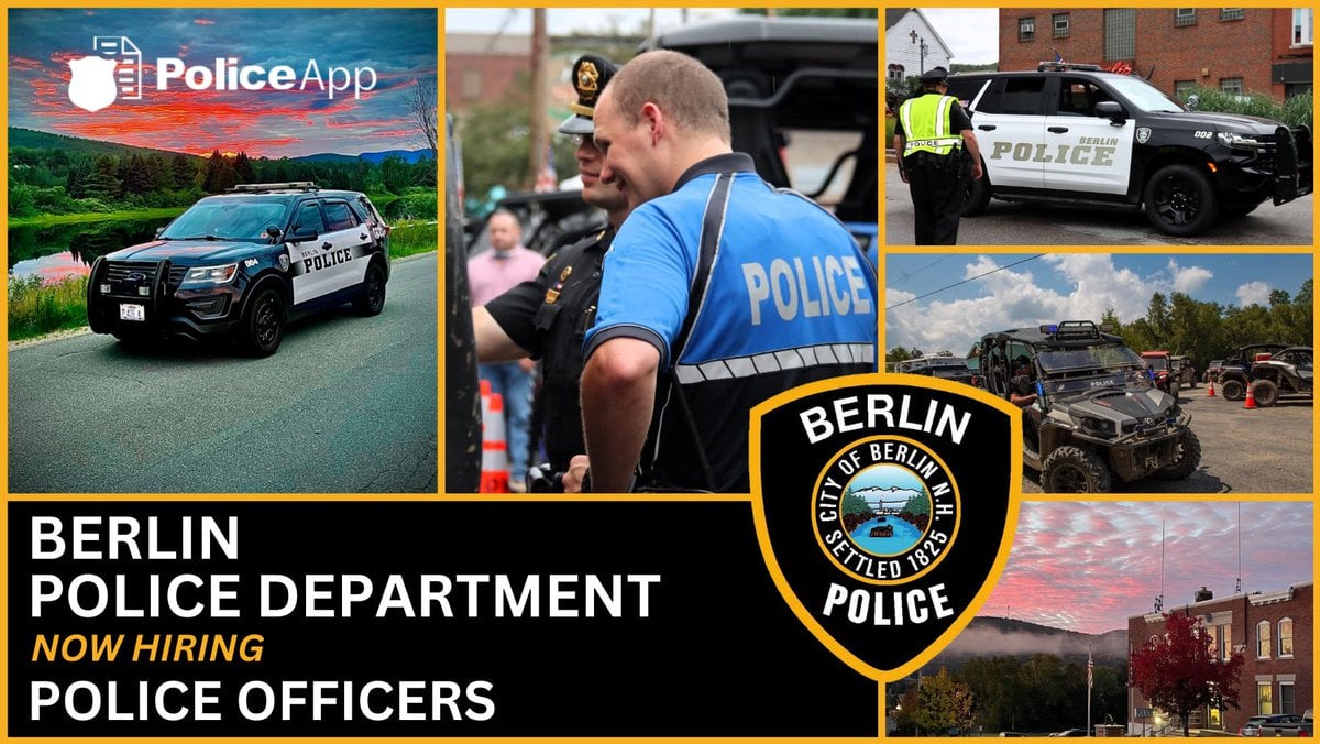 The Berlin Police Department has an immediate opening for a full-time Patrol Officer.

Apply: hubs.ly/Q02vb49p0

#BerlinNH #NewHampshirePolice #BerlinPolice #LawEnforcement #BerlinNHCommunity hubs.ly/Q02v9-3d0