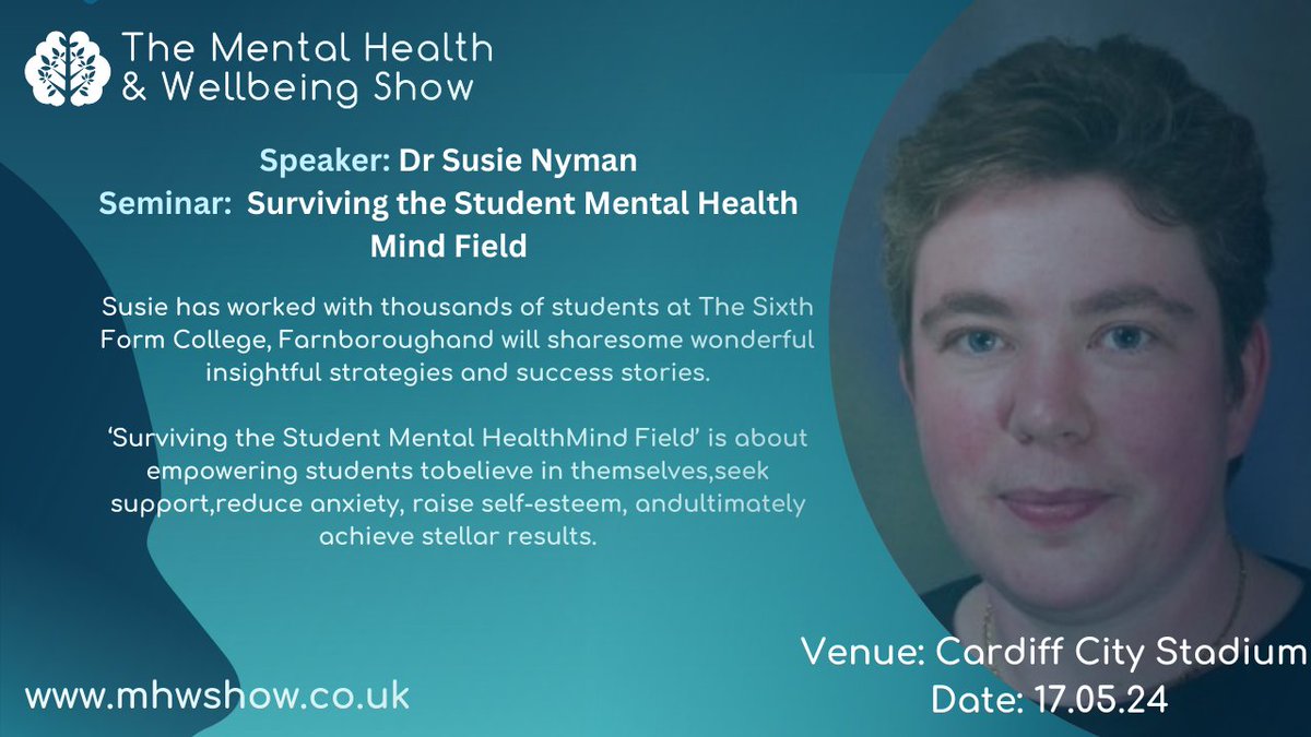 Join Dr Susie Nyman for their seminar on 'Surviving the Student Mental Health Mindfield' from 1.30 pm to 2.15 pm on the 17th of May 2024 at Cardiff City Stadium.

Tickets Here: eventbrite.co.uk/e/the-mental-h…